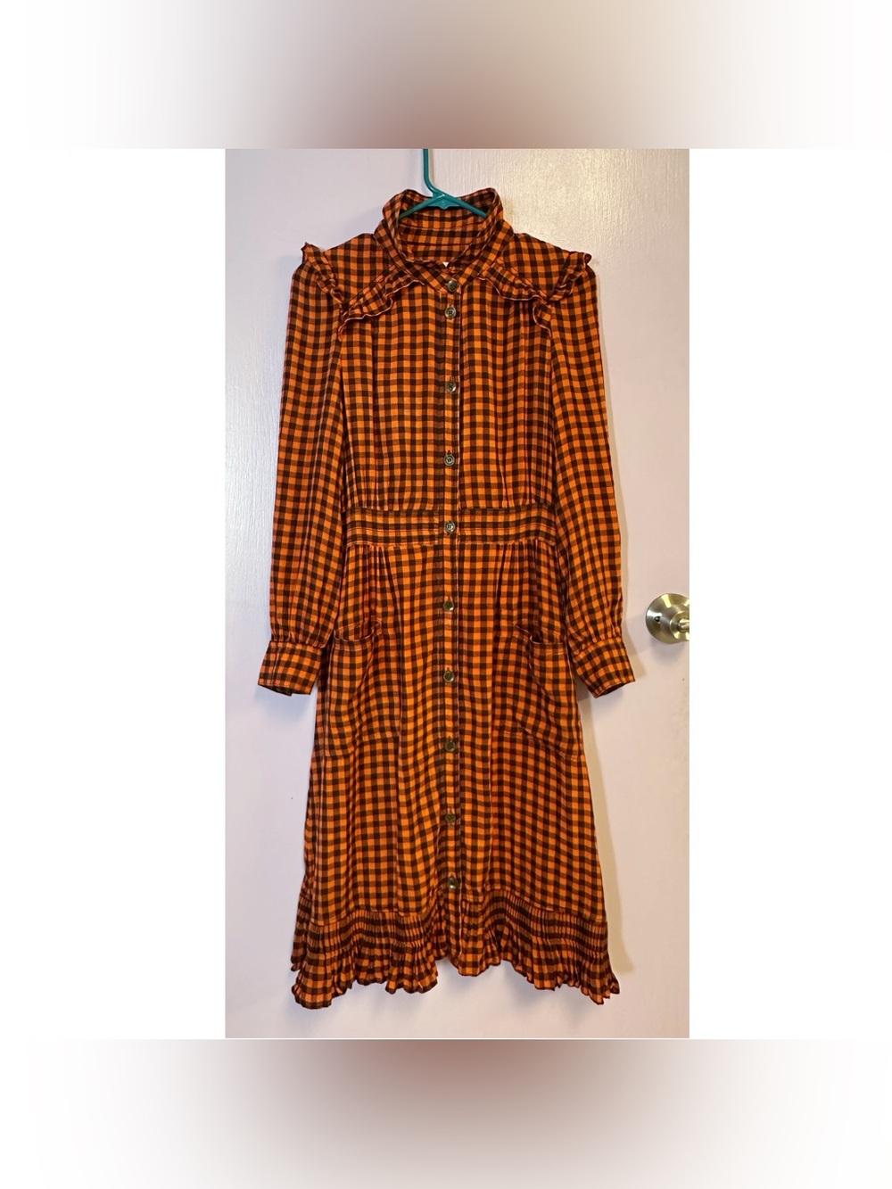Luella Plaid Ruffle-Trim Long Sleeve Button-Front Midi Dress UK 12